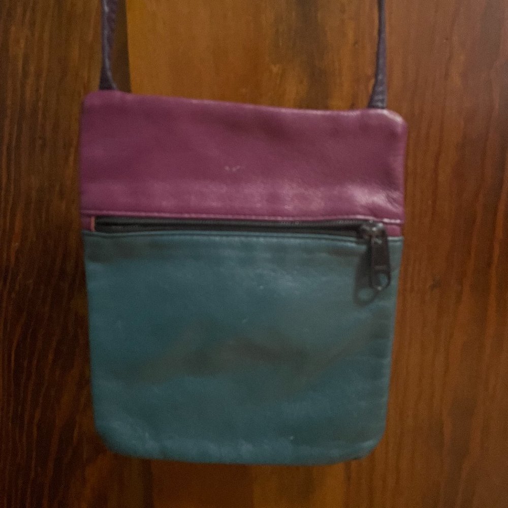 Two-Tone Purple and Teal Leather Crossbody Purse